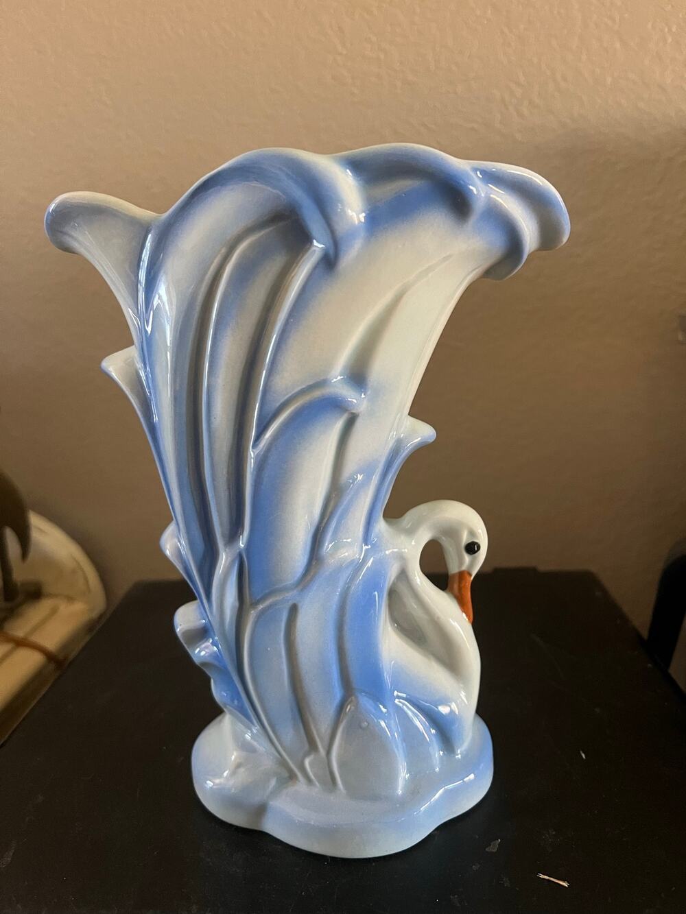 Vintage Pottery Swan Vase White Blue Drip Glaze Unmarked